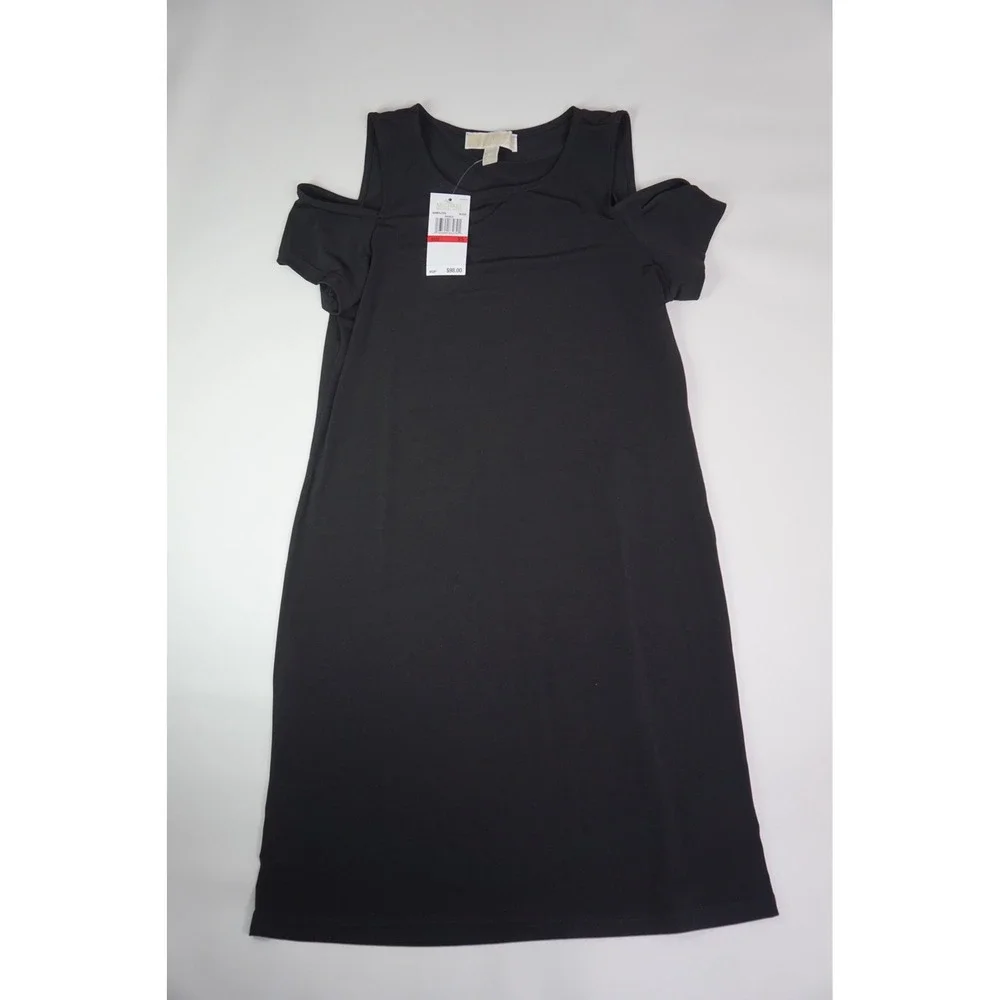 Michael Kors Cold Shoulder Dress Black Short Sleeve XS QU08F8J3TW Basics NWT - Picture 1 of 7